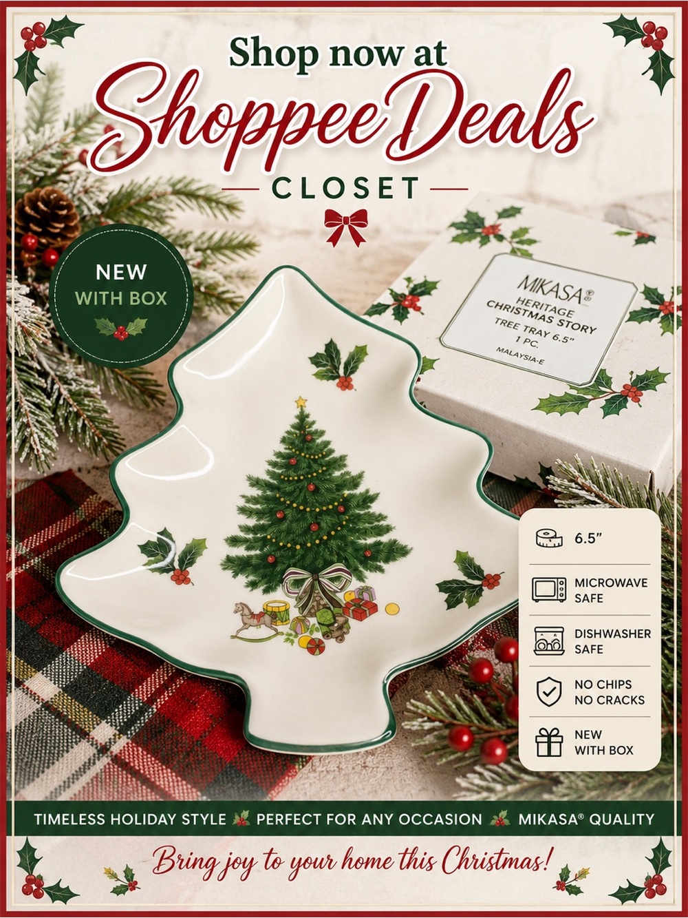 NWT Mikasa Heritage Christmas Story 6.5” Christmas Tree Tray Dish w/ Box